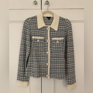 Talbots Women's Cream and Blue Tweed Sweater Jacket with Pearl Buttons (Size S)